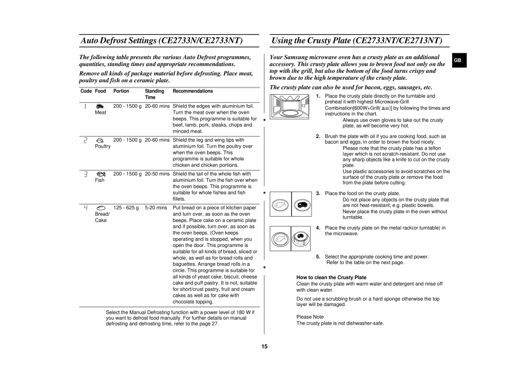 Samsung CE2733N/ELE manual Auto Defrost Settings CE2733N/CE2733NT, Using the Crusty Plate CE2733NT/CE2713NT 