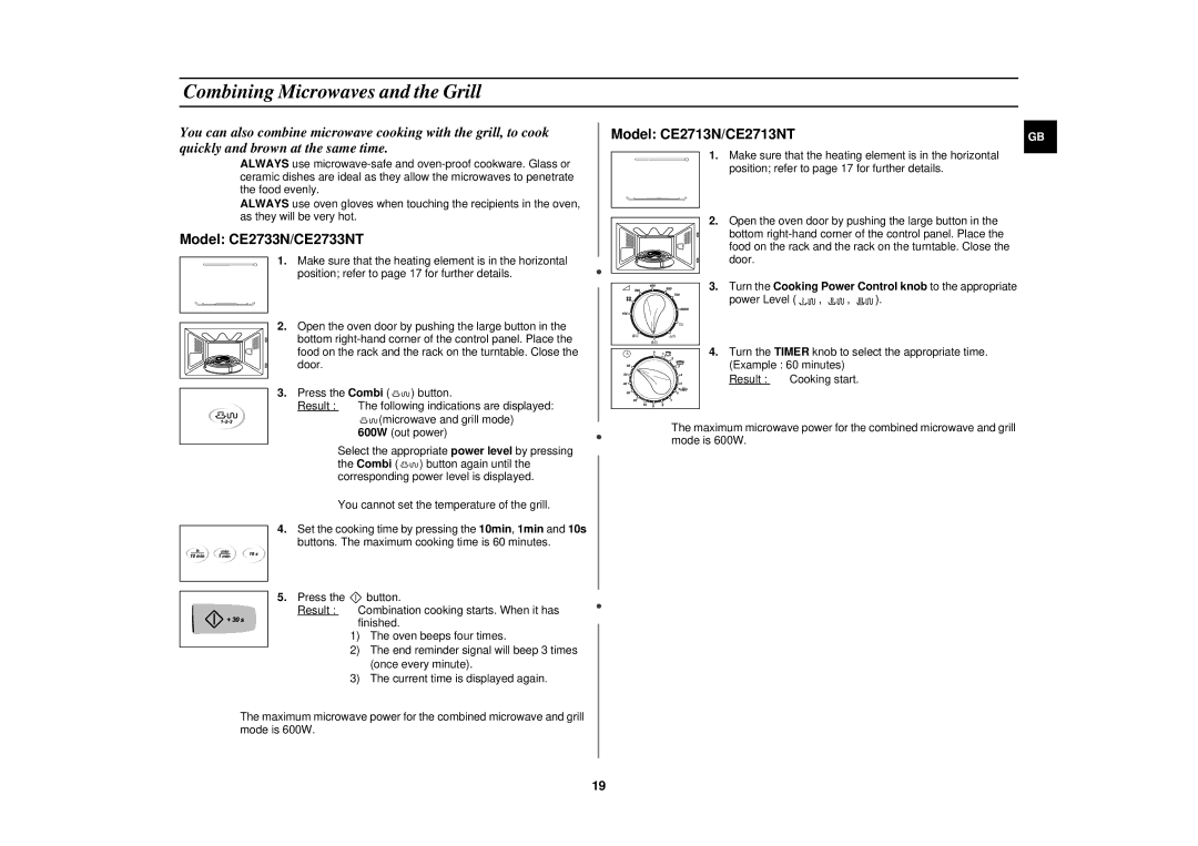 Samsung CE2733N/ELE manual Combining Microwaves and the Grill, Turn the Cooking Power Control knob to the appropriate 