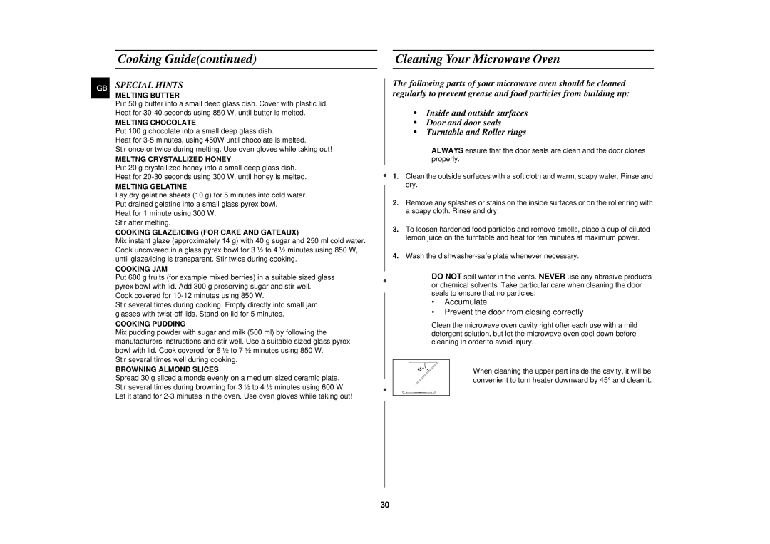Samsung CE2733N/ELE manual Cleaning Your Microwave Oven, GB Special Hints 