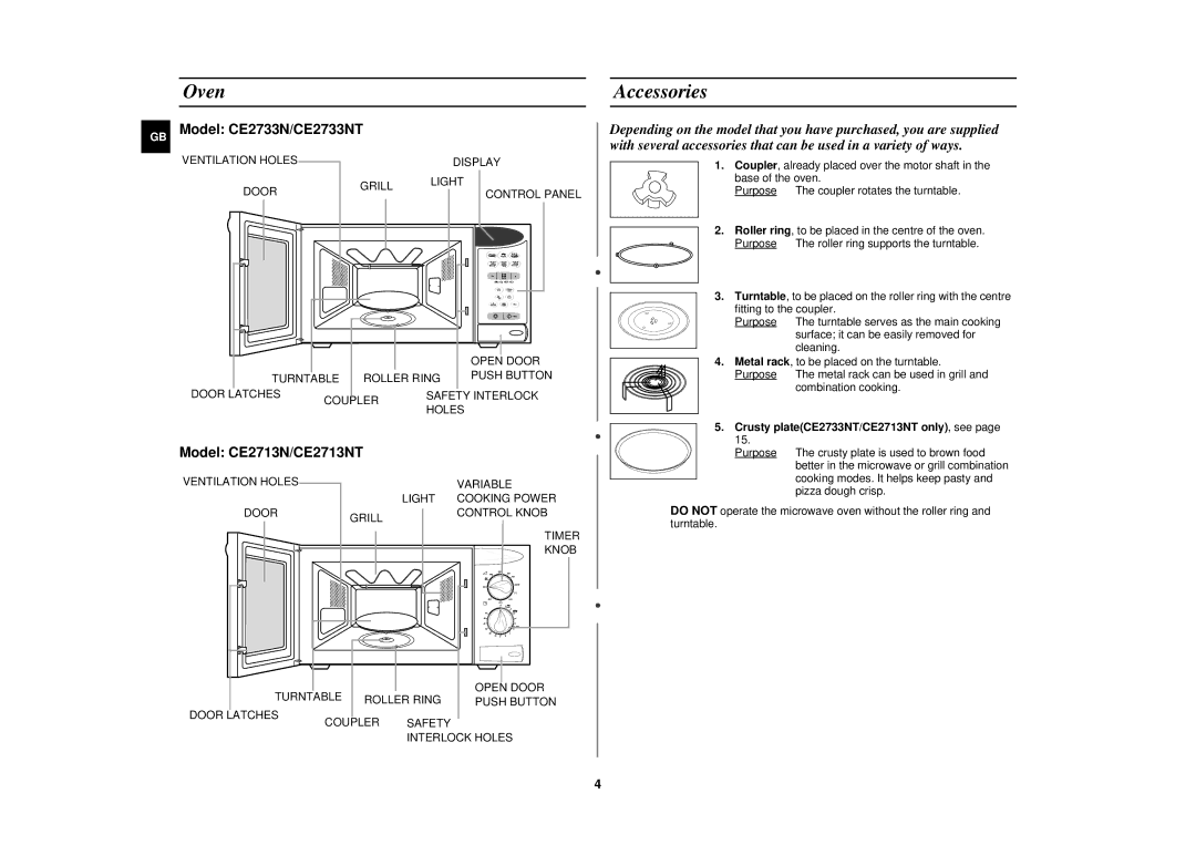 Samsung CE2733N/ELE manual Oven, Accessories, Crusty plateCE2733NT/CE2713NT only, see 