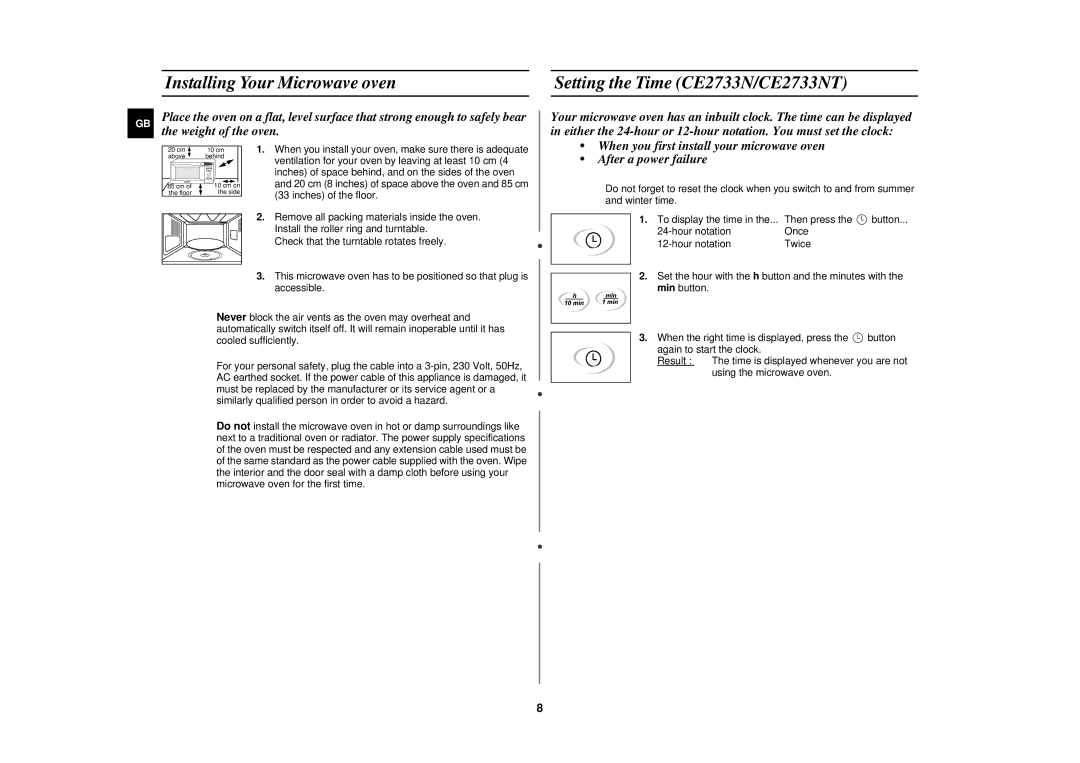 Samsung CE2733N/ELE manual Ventilation for your oven by leaving at least 10 cm 