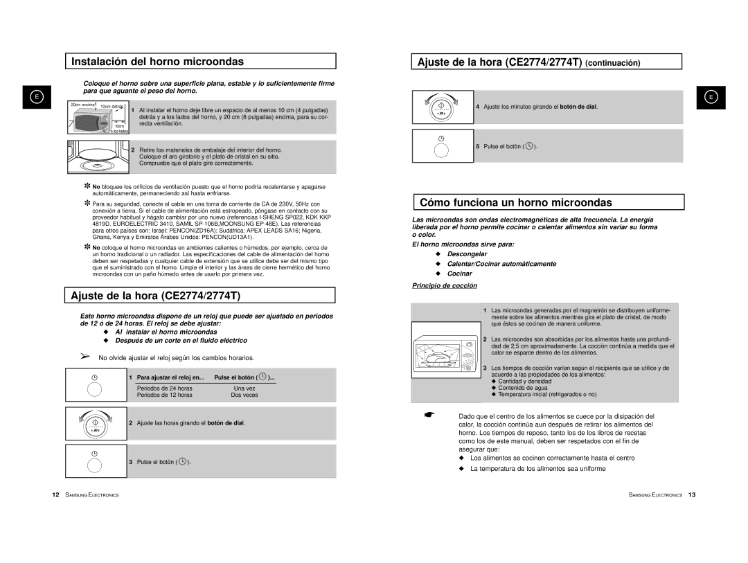 Samsung CE2774/XEC Instalación del horno microondas, Ajuste de la hora CE2774/2774T, Cómo funciona un horno microondas 