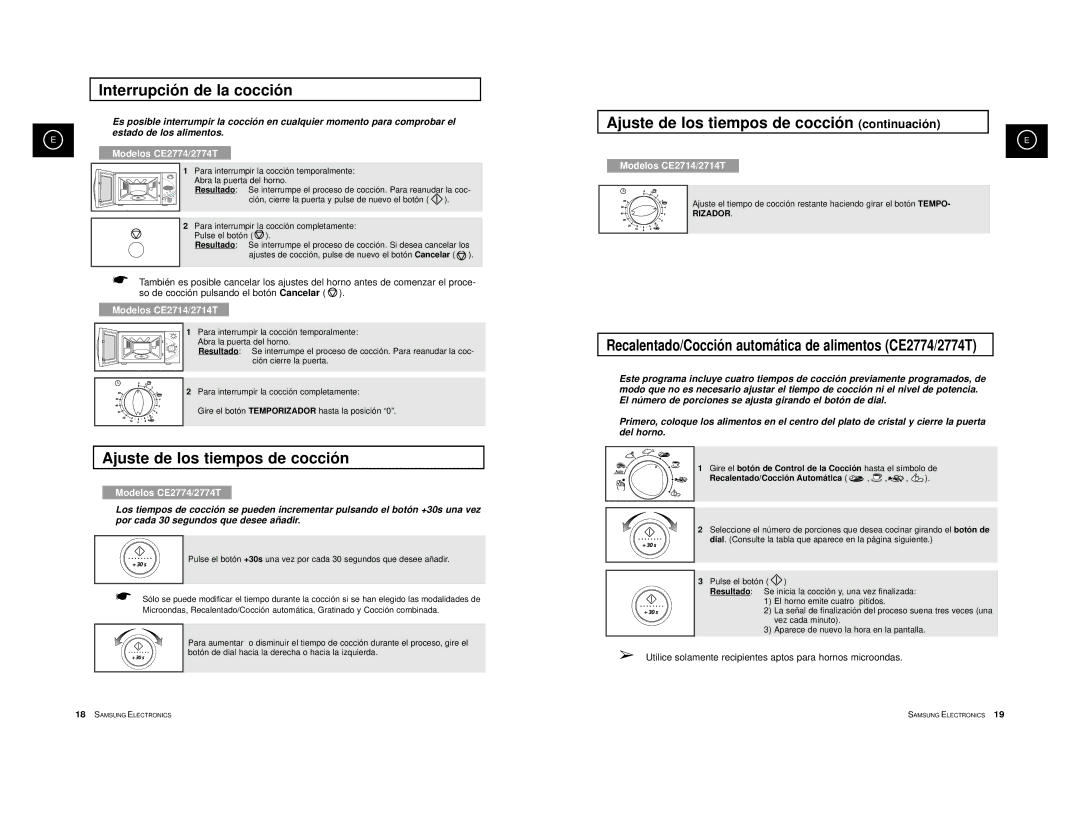 Samsung CE2774-D/XEC, CE2774-B/XEC, CE2774/XEC, CE2774-GR/XEC Interrupción de la cocción, Ajuste de los tiempos de cocción 