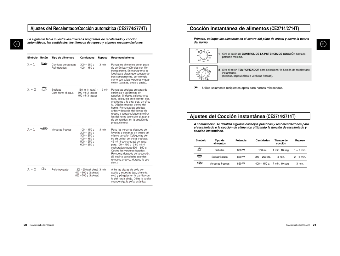 Samsung CE2774/XEC Ajustes del Recalentado/Cocción automática CE2774/2774T, Cocción instantánea de alimentos CE2714/2714T 