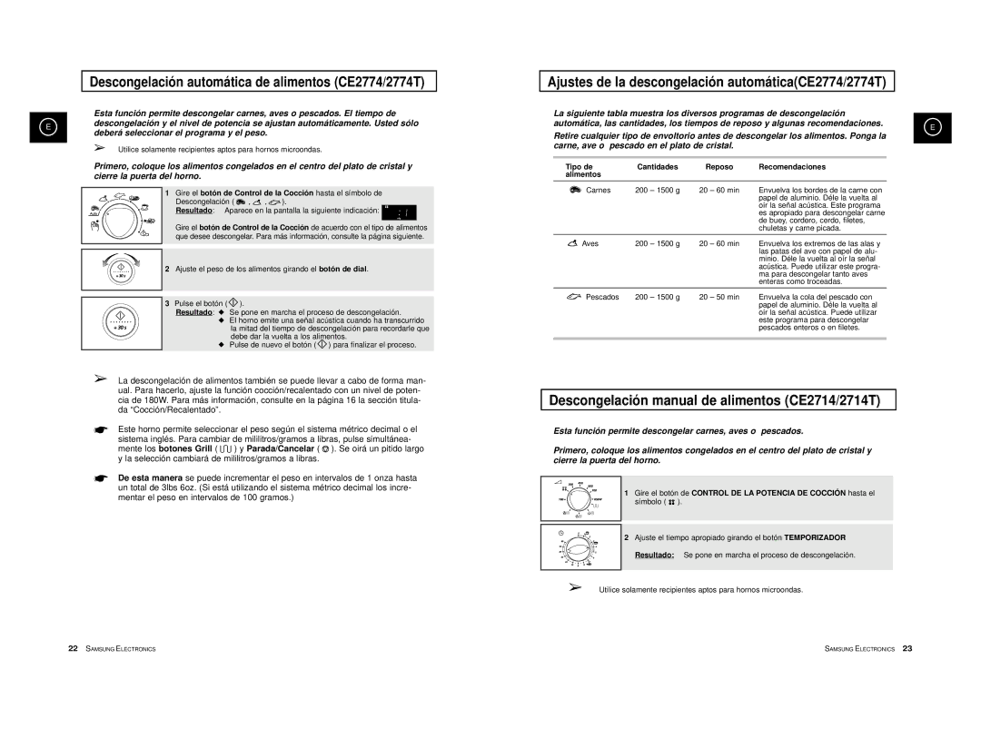 Samsung CE2774-GR/XEC Descongelación automática de alimentos CE2774/2774T, Descongelación manual de alimentos CE2714/2714T 