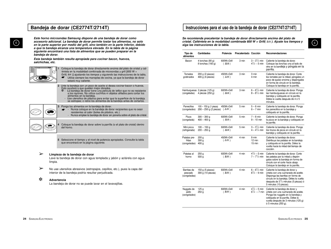 Samsung CE2774-B/XEC Bandeja de dorar CE2774T/2714T, Limpieza de la bandeja de dorar, Advertencia, Cocción Recomendaciones 