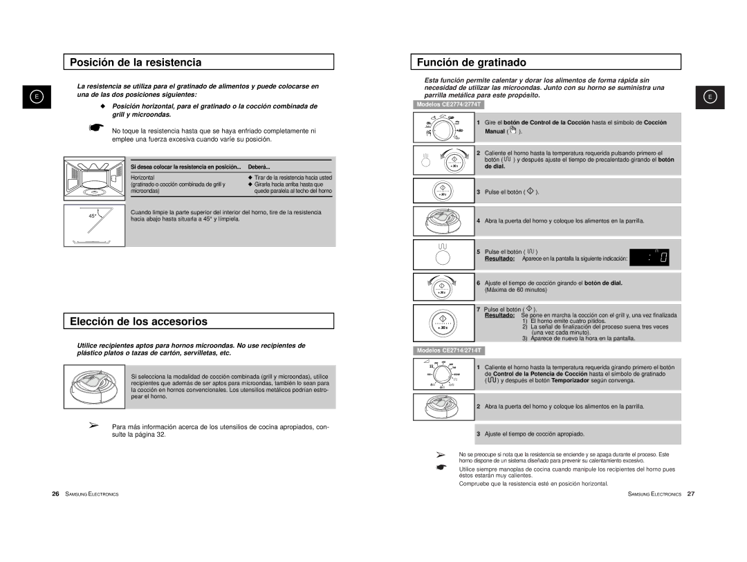 Samsung CE2774-D/XEC, CE2774-B/XEC, CE2774/XEC Posición de la resistencia, Elección de los accesorios, Función de gratinado 