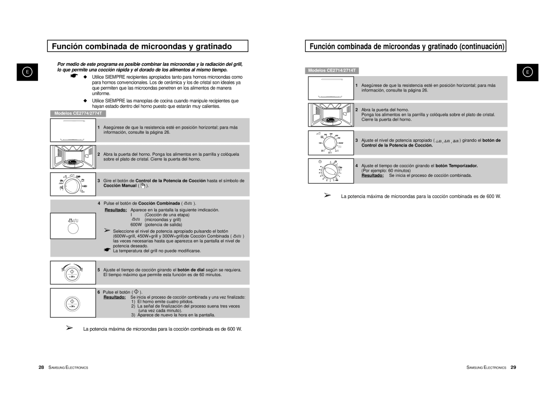 Samsung CE2774/XEC manual Función combinada de microondas y gratinado continuación, Control de la Potencia de Cocción 