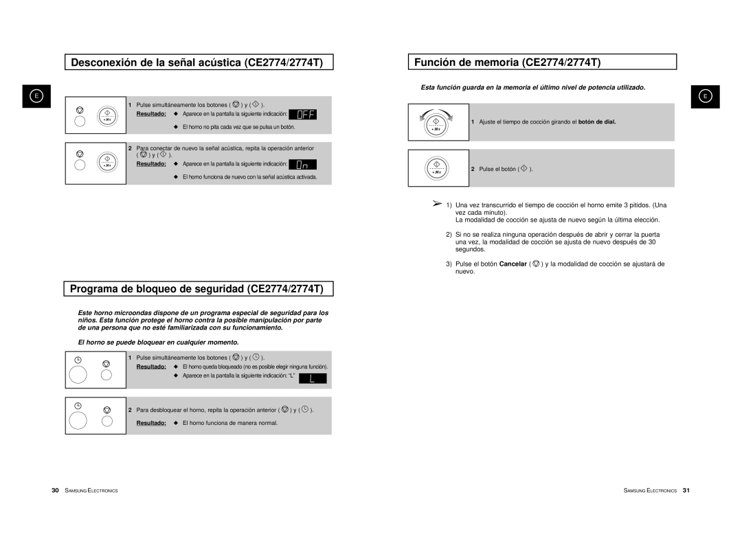 Samsung CE2774-GR/XEC manual Desconexión de la señal acústica CE2774/2774T, Programa de bloqueo de seguridad CE2774/2774T 