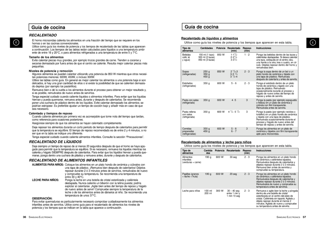 Samsung CE2774/XEC, CE2774-B/XEC Tamaño de los alimentos, Niveles de potencia y remoción, Calentado y tiempos de reposo 