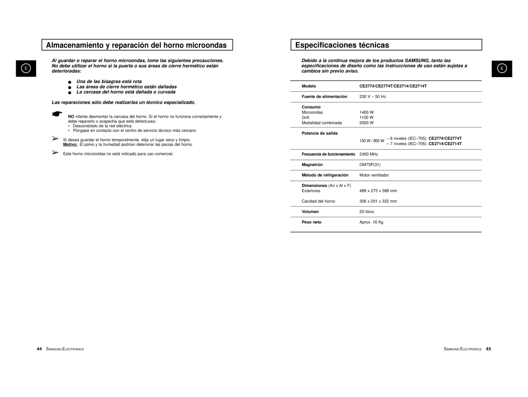 Samsung CE2774/XEC Modelo CE2774/CE2774T/CE2714/CE2714T Fuente de alimentación, Consumo, Potencia de salida, Magnetrón 