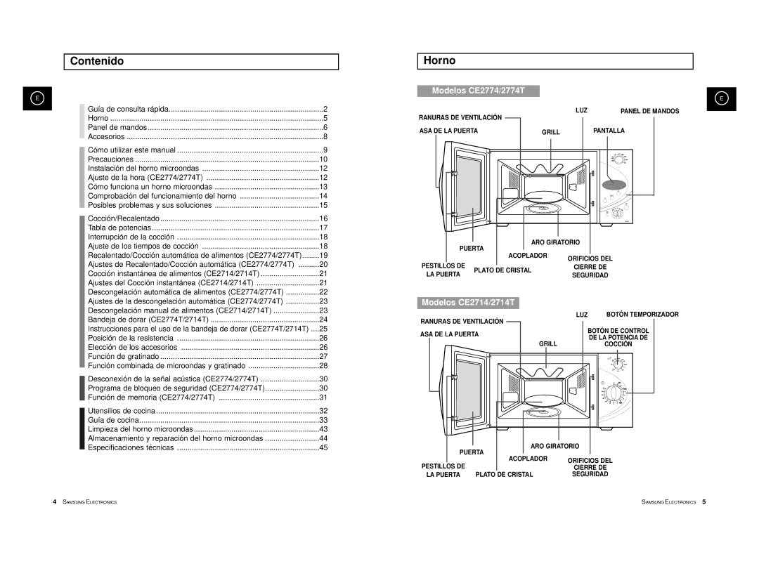 Samsung CE2774/XEC, CE2774-B/XEC, CE2774-D/XEC, CE2774-GR/XEC manual Contenido, Horno 