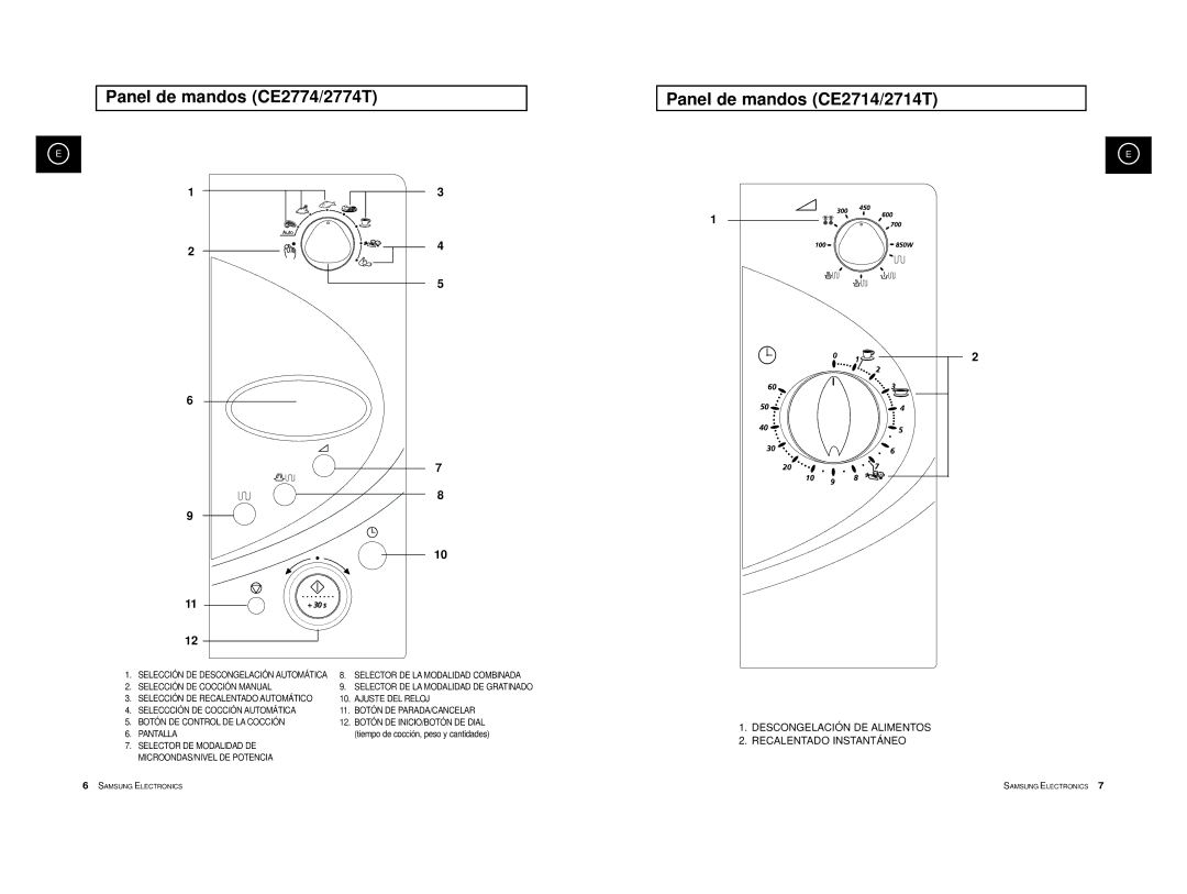Samsung CE2774-GR/XEC Panel de mandos CE2774/2774T, Panel de mandos CE2714/2714T, Tiempo de cocción, peso y cantidades 