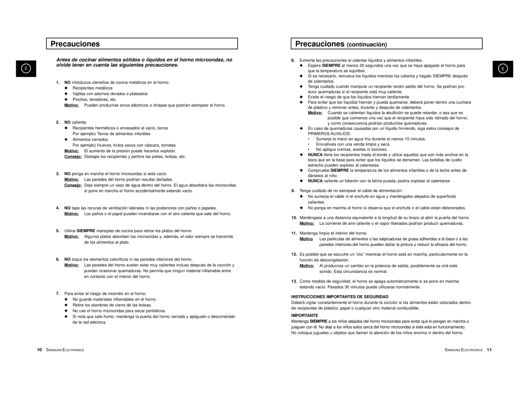 Samsung CE2774-D/XEC, CE2774-B/XEC, CE2774/XEC, CE2774-GR/XEC manual Precauciones continuación 