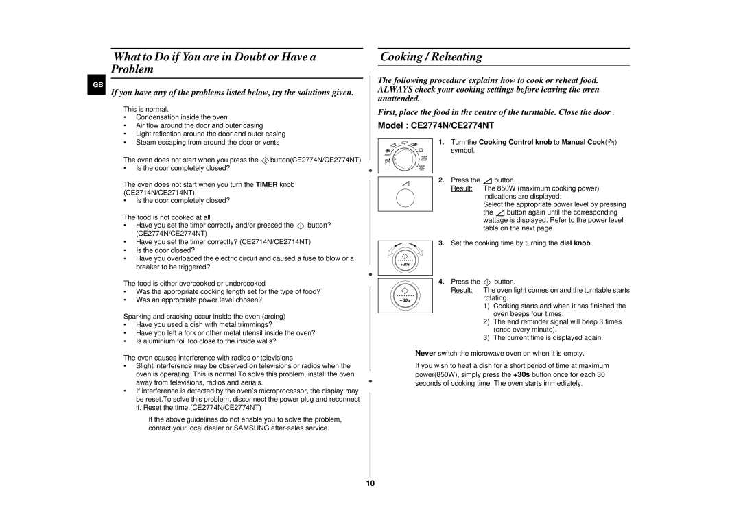 Samsung CE2774NT, CE2714NT manual What to Do if You are in Doubt or Have a Problem, Cooking / Reheating 