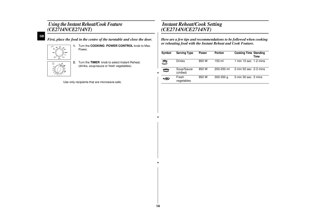 Samsung CE2774N Using the Instant Reheat/Cook Feature CE2714N/CE2714NT, Turn the Cooking Power Control knob to Max. Power 