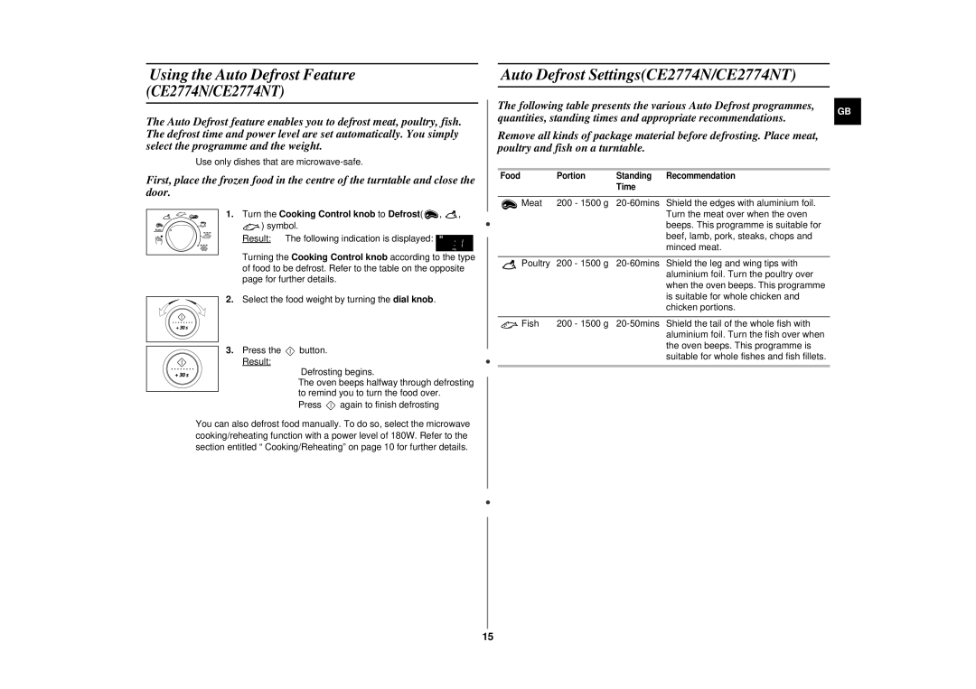 Samsung CE2714NT manual Auto Defrost SettingsCE2774N/CE2774NT, Turn the Cooking Control knob to Defrost 