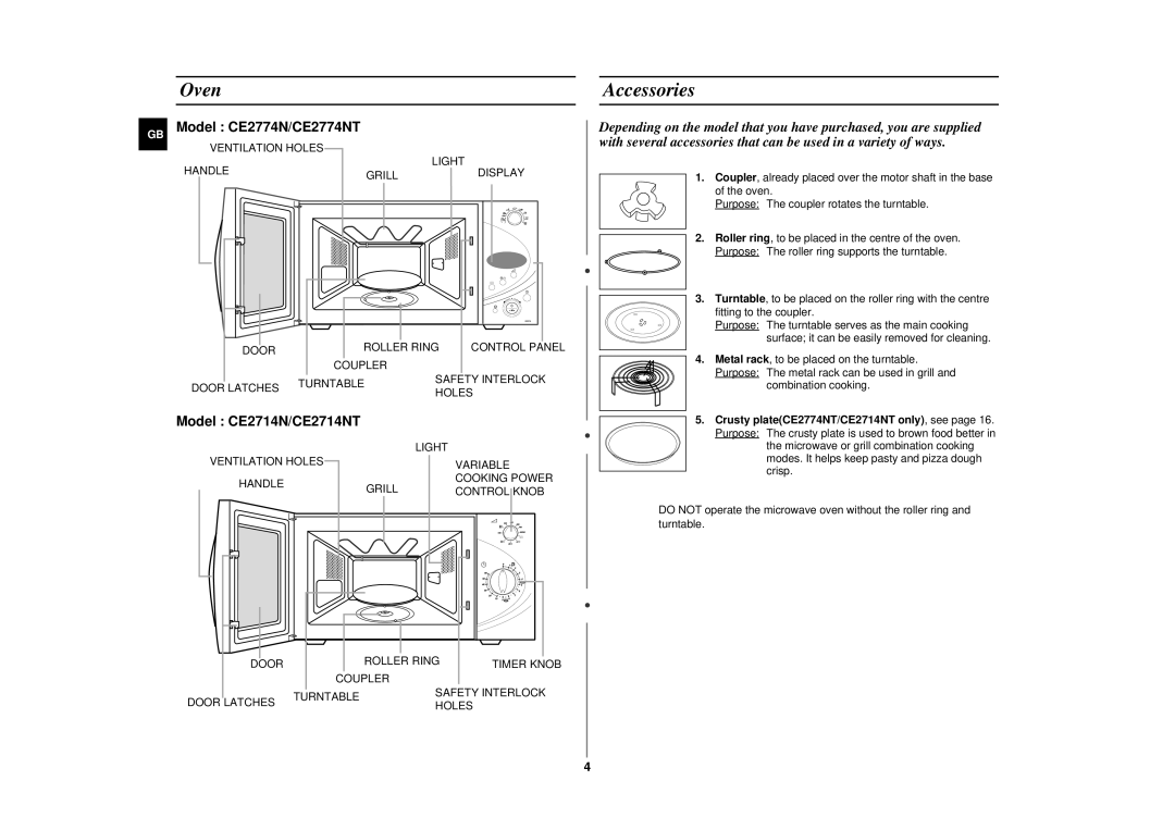 Samsung CE2774NT, CE2714NT manual Oven, Accessories 