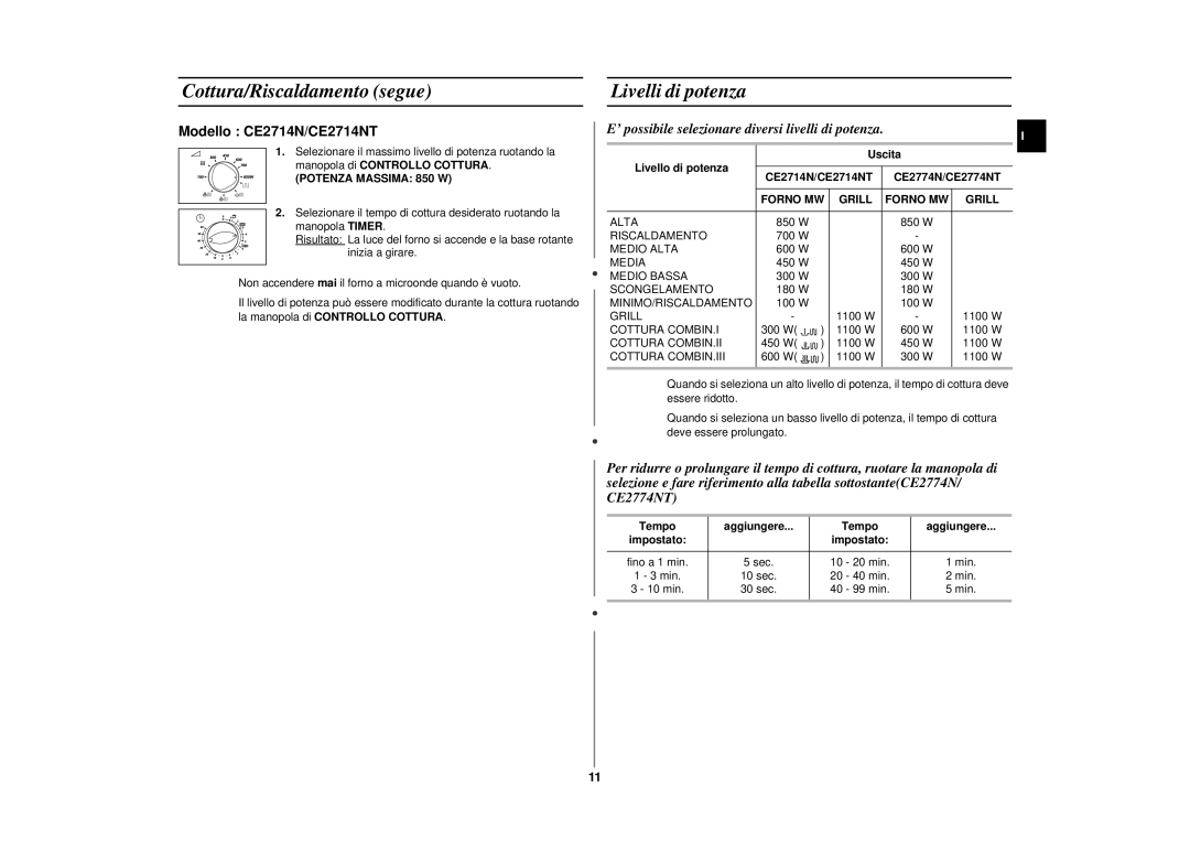 Samsung CE2774N/XET manual Cottura/Riscaldamento segue, Livelli di potenza, Tempo Aggiungere 