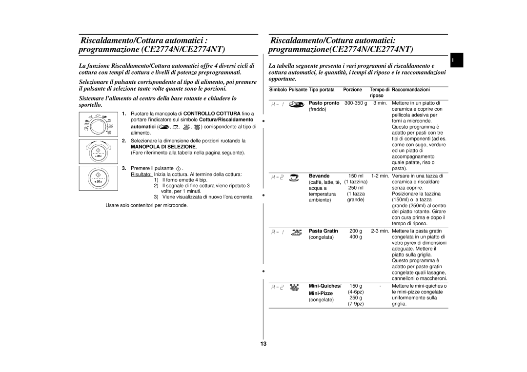Samsung CE2774N/XET manual Pasto pronto, Bevande, Pasta Gratin, Mini-Pizze 