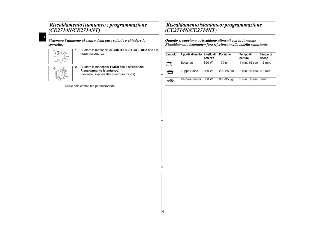 Samsung CE2774N/XET manual Riscaldamento istantaneo programmazione CE2714N/CE2714NT 