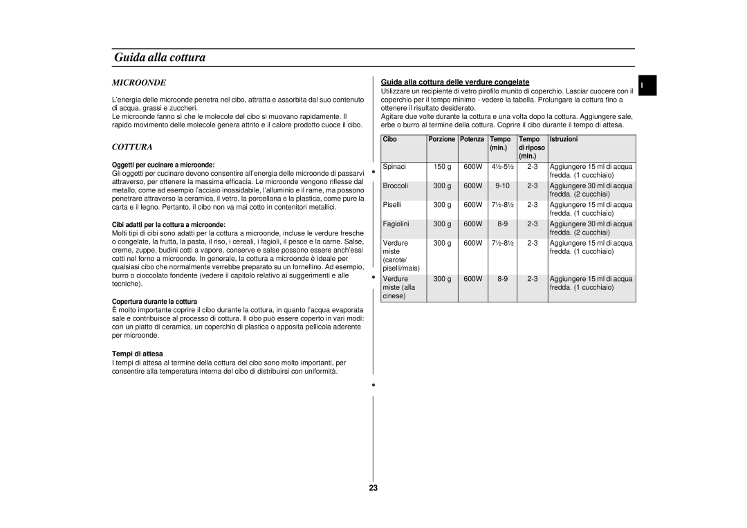 Samsung CE2774N/XET manual Microonde, Cottura, Tempi di attesa, Guida alla cottura delle verdure congelate 