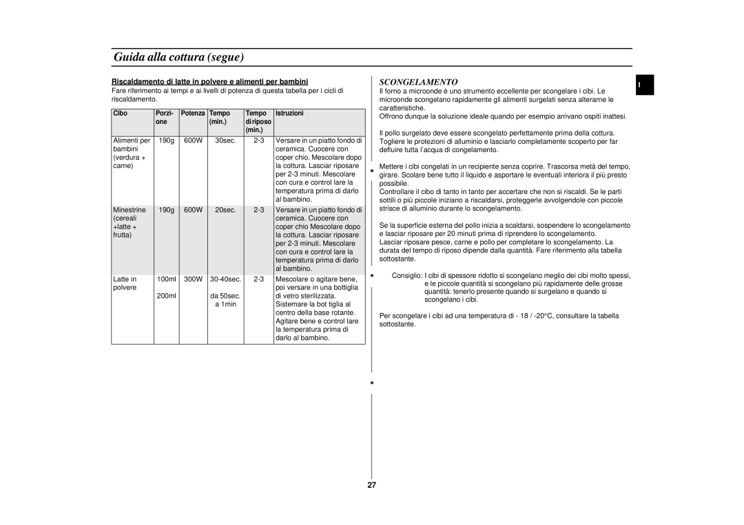 Samsung CE2774N/XET manual Scongelamento, Riscaldamento di latte in polvere e alimenti per bambini 