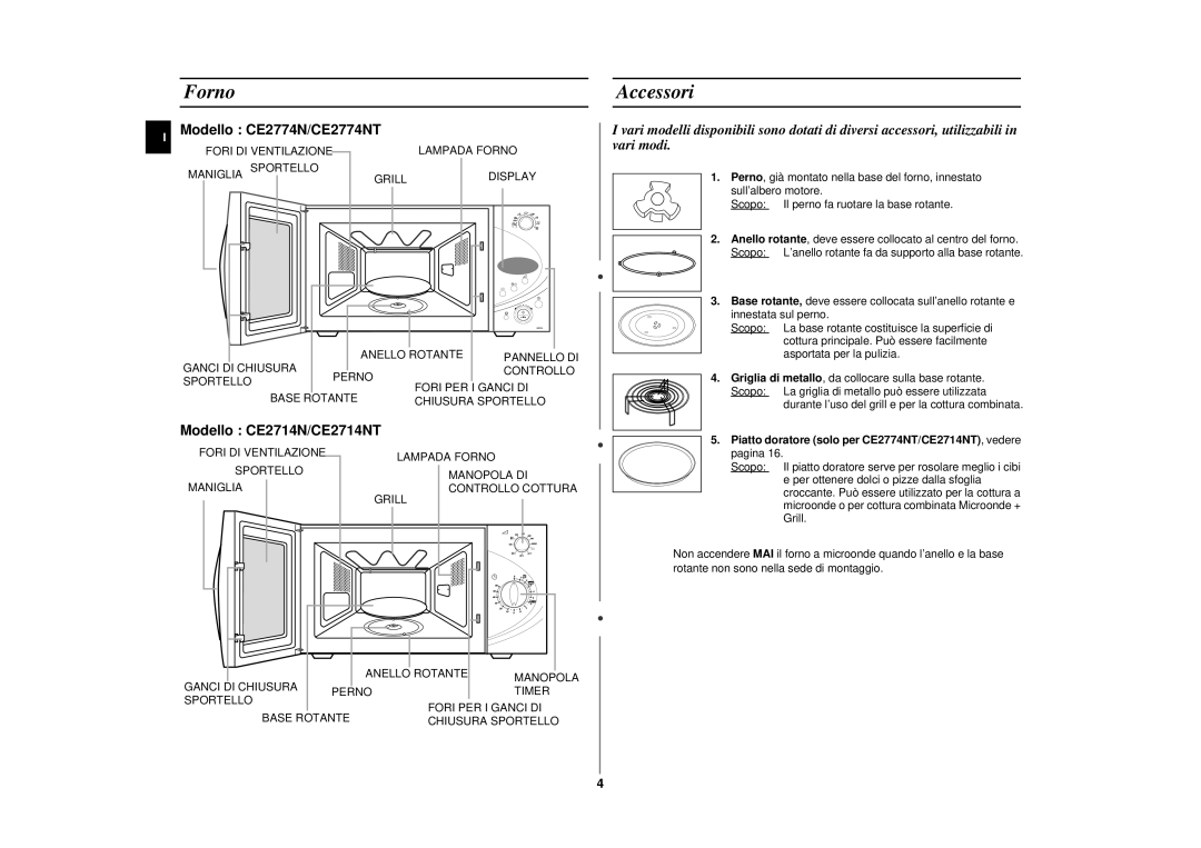 Samsung CE2774N/XET manual Forno, Accessori, Piatto doratore solo per CE2774NT/CE2714NT, vedere pagina 