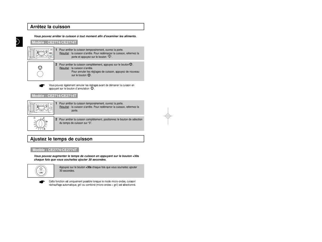 Samsung CE2774/XEF, CE2774-1/XEF manual Arrêtez la cuisson, Ajustez le temps de cuisson 