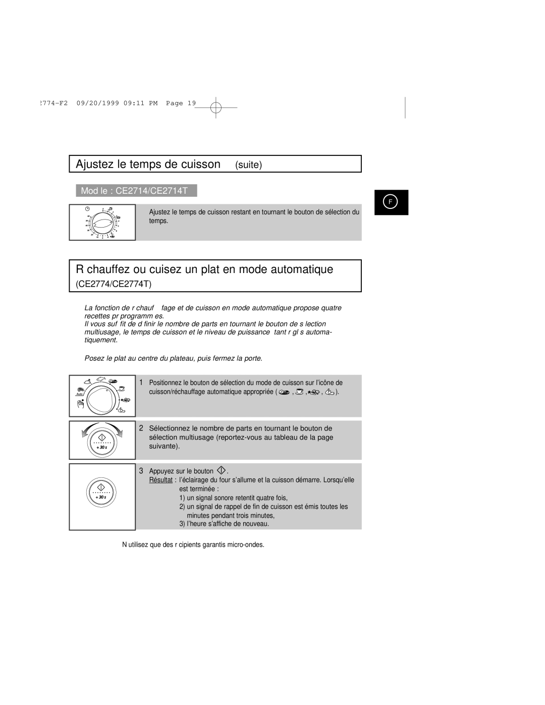 Samsung CE2774-1/XEF, CE2774/XEF manual Ajustez le temps de cuisson suite, Réchauffez ou cuisez un plat en mode automatique 