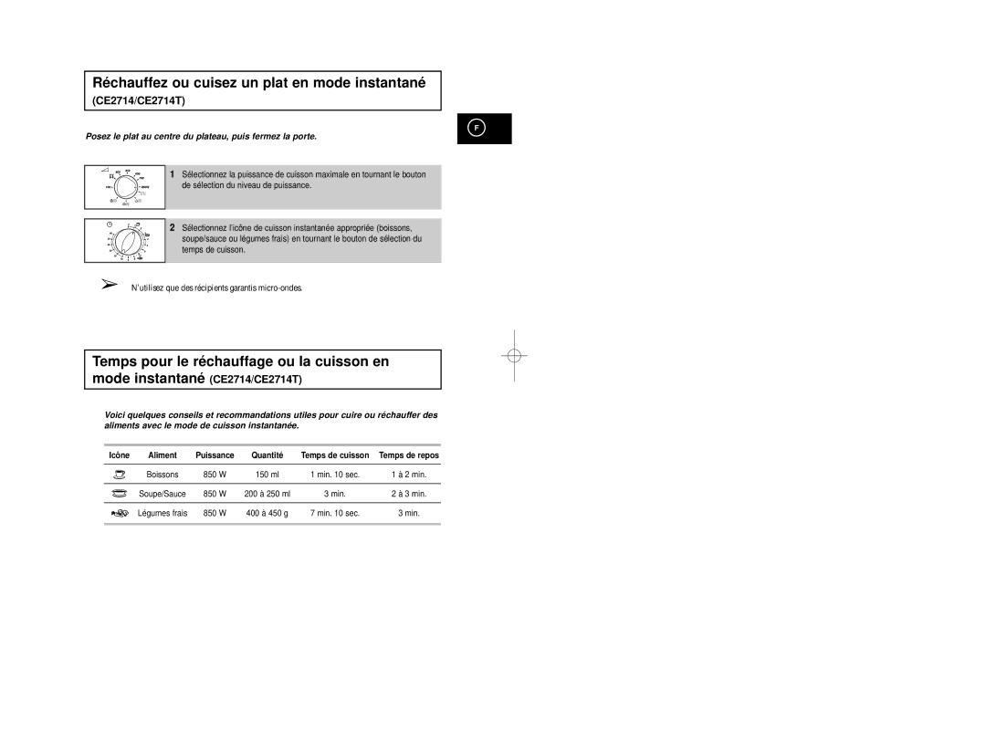 Samsung CE2774-1/XEF, CE2774/XEF manual Réchauffez ou cuisez un plat en mode instantané, Icône 