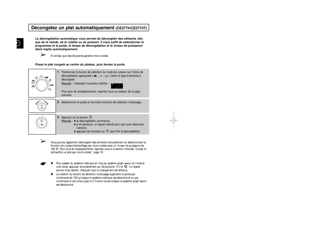 Samsung CE2774/XEF, CE2774-1/XEF manual Décongelez un plat automatiquement CE2774/CE2774T 