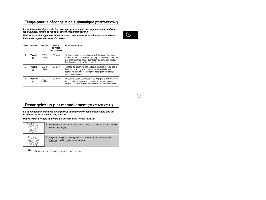 Samsung CE2774-1/XEF, CE2774/XEF manual Temps pour la décongélation automatique CE2774/CE2774T 