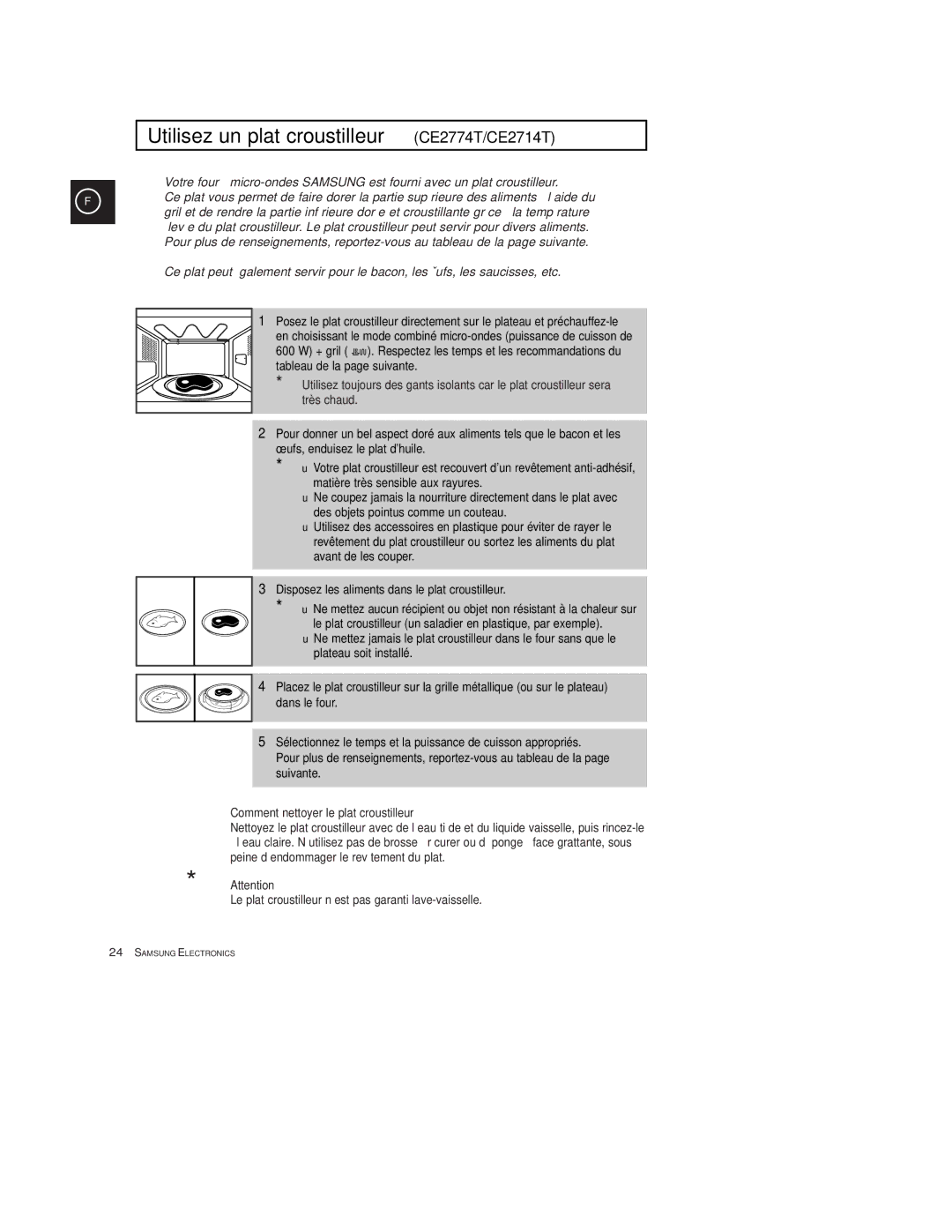 Samsung CE2774/XEF, CE2774-1/XEF manual Utilisez un plat croustilleur CE2774T/CE2714T, Comment nettoyer le plat croustilleur 