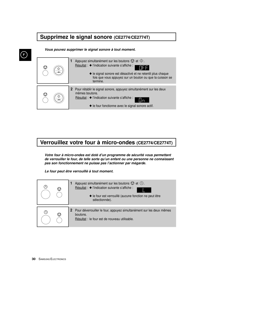 Samsung CE2774/XEF manual Supprimez le signal sonore CE2774/CE2774T, Verrouillez votre four à micro-ondes CE2774/CE2774T 