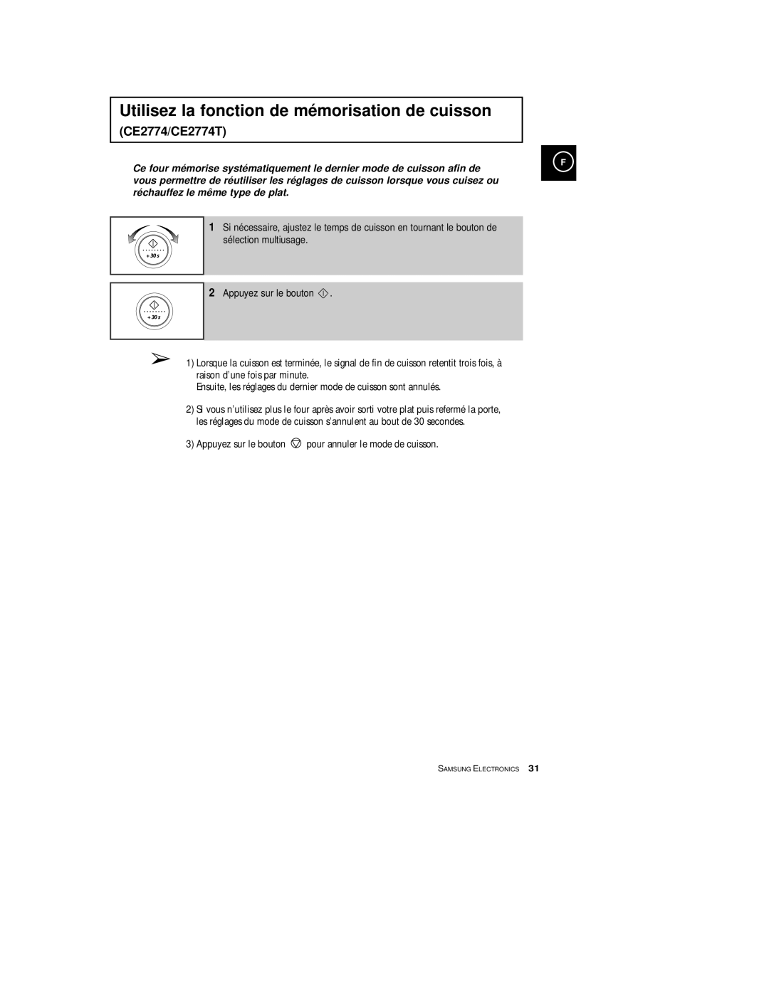 Samsung CE2774-1/XEF, CE2774/XEF manual Utilisez la fonction de mémorisation de cuisson 