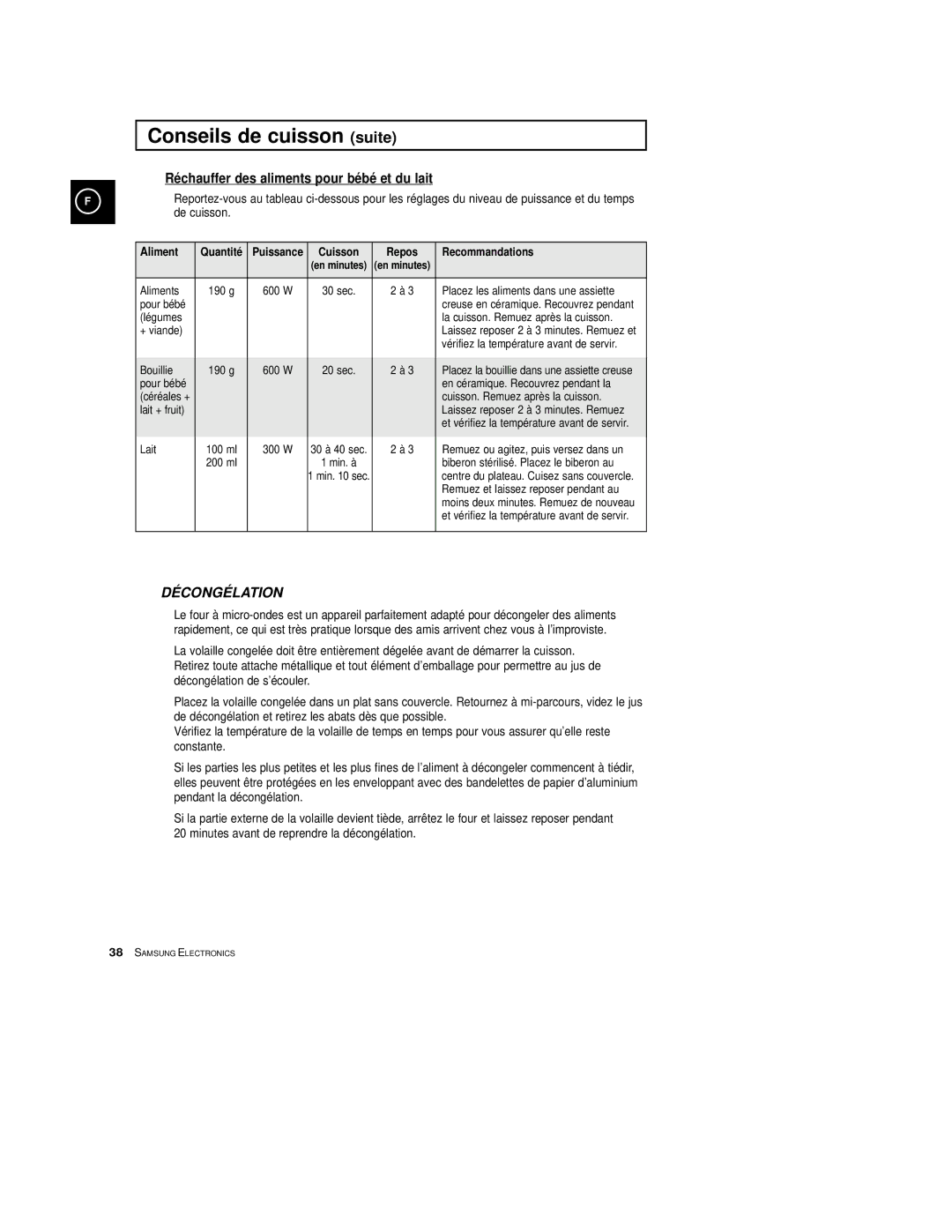 Samsung CE2774/XEF, CE2774-1/XEF manual Réchauffer des aliments pour bébé et du lait 