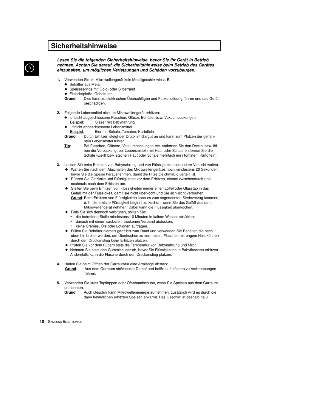 Samsung CE2774-C/XEG, CE2774/XEG, CE2774-M/XEG manual Sicherheitshinweise, Grund, Tip 