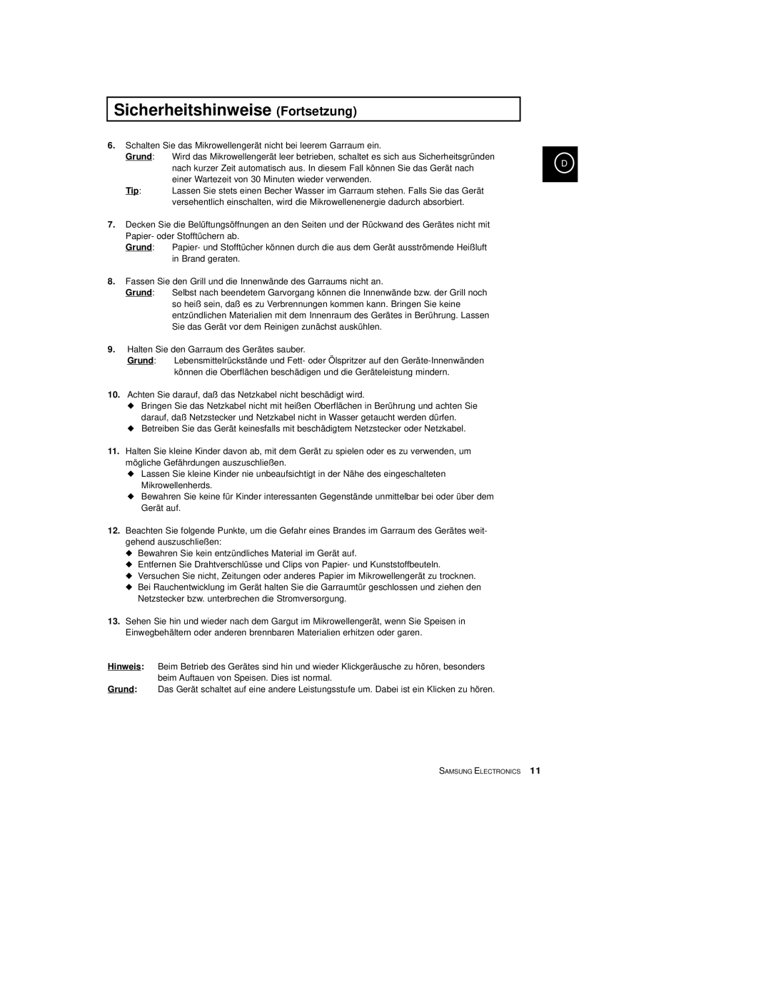 Samsung CE2774-M/XEG, CE2774/XEG, CE2774-C/XEG manual Sicherheitshinweise Fortsetzung 