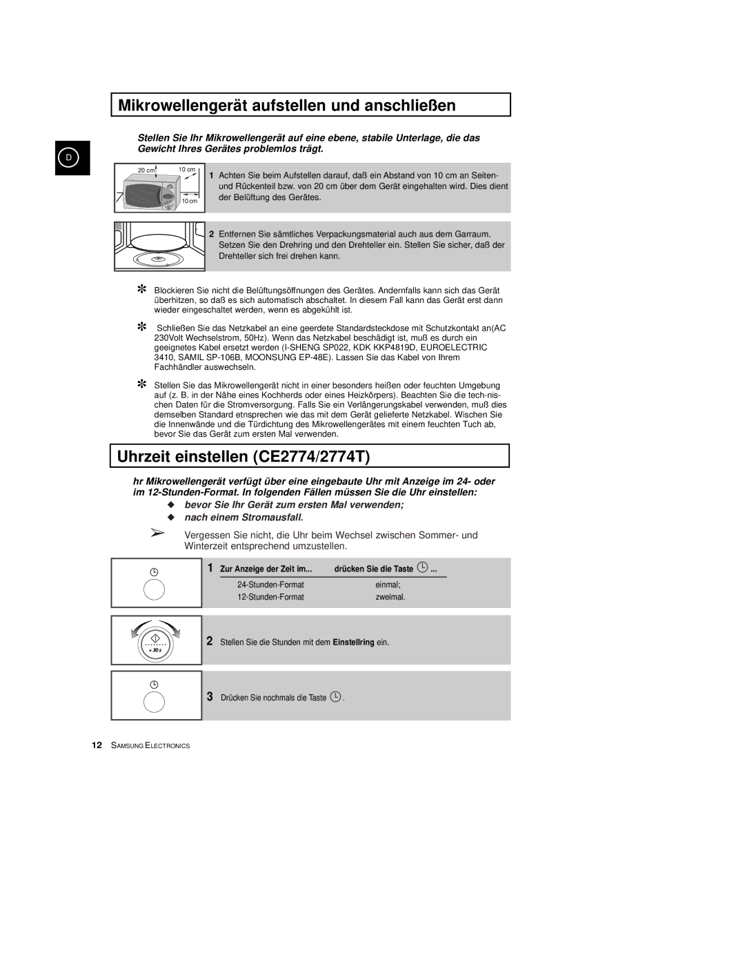 Samsung CE2774/XEG, CE2774-C/XEG, CE2774-M/XEG Mikrowellengerät aufstellen und anschließen, Uhrzeit einstellen CE2774/2774T 