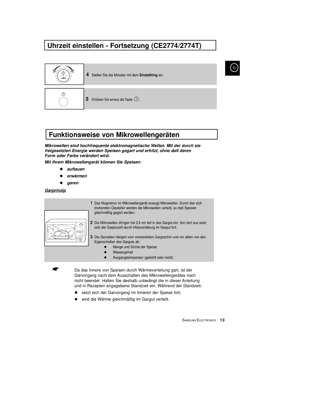 Samsung CE2774-C/XEG, CE2774/XEG manual Uhrzeit einstellen Fortsetzung CE2774/2774T, Funktionsweise von Mikrowellengeräten 