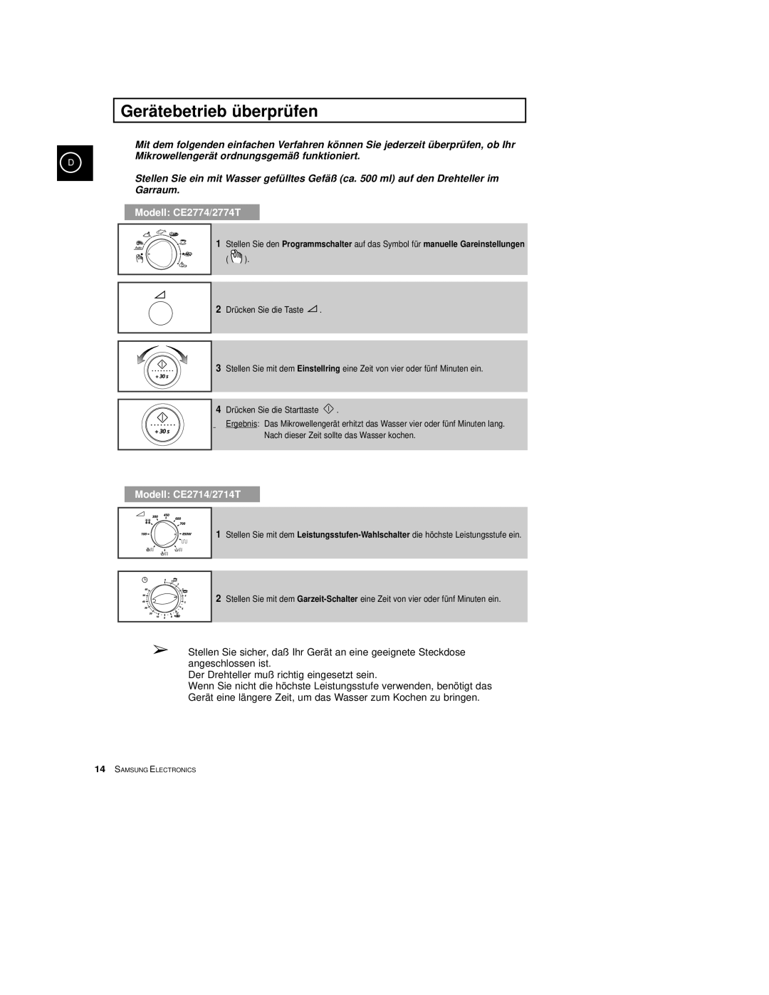 Samsung CE2774-M/XEG, CE2774/XEG, CE2774-C/XEG manual Gerätebetrieb überprüfen, Modell CE2774/2774T 