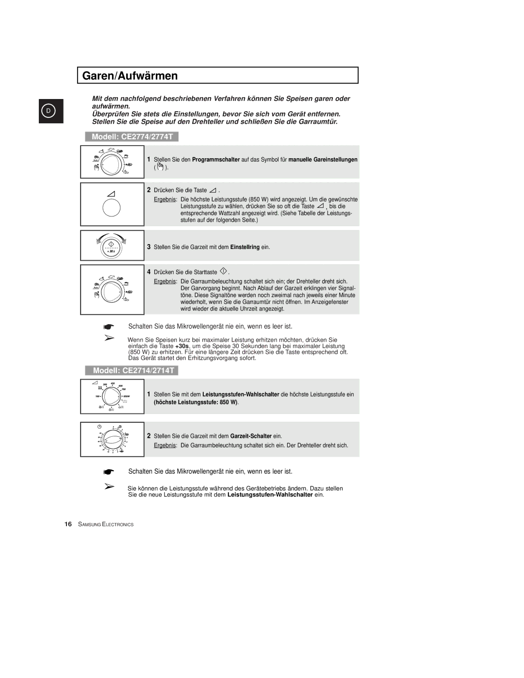 Samsung CE2774-C/XEG, CE2774/XEG, CE2774-M/XEG manual Garen/Aufwärmen, Höchste Leistungsstufe 850 W 