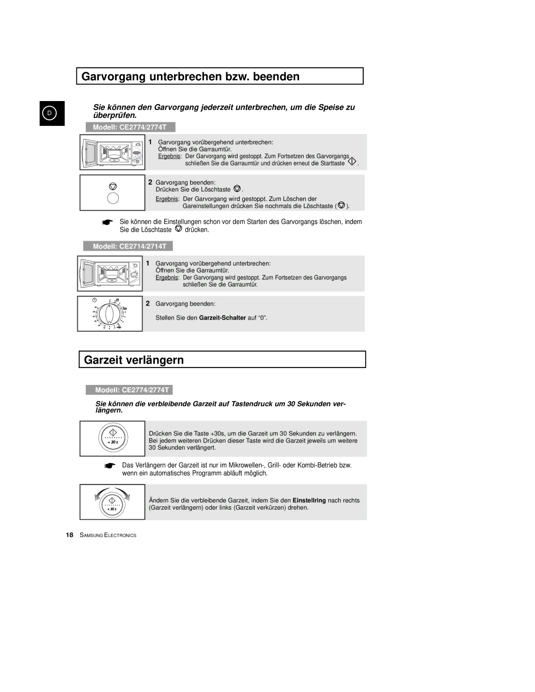 Samsung CE2774/XEG, CE2774-C/XEG, CE2774-M/XEG manual Garvorgang unterbrechen bzw. beenden, Garzeit verlängern 