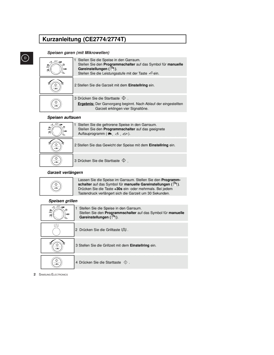 Samsung CE2774-M/XEG, CE2774/XEG, CE2774-C/XEG manual Kurzanleitung CE2774/2774T, Gareinstellungen 