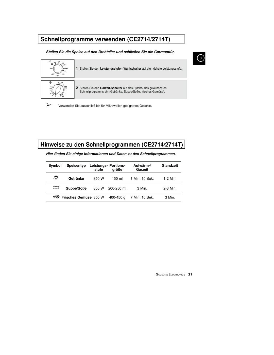 Samsung CE2774/XEG, CE2774-C/XEG Schnellprogramme verwenden CE2714/2714T, Hinweise zu den Schnellprogrammen CE2714/2714T 