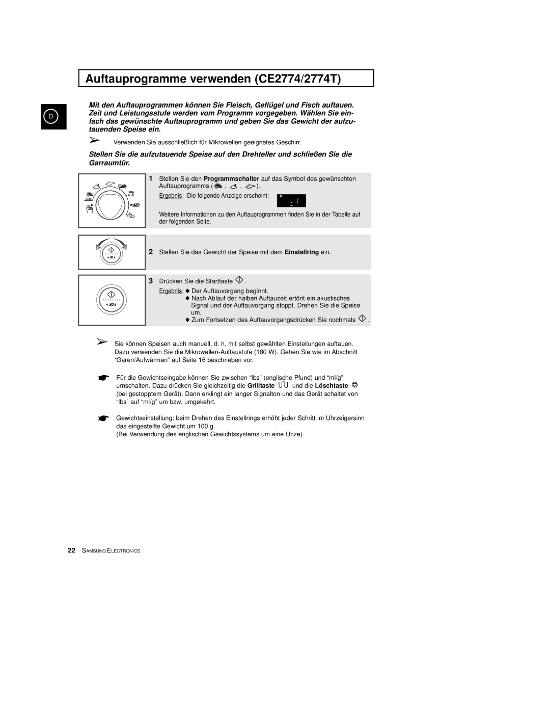 Samsung CE2774-C/XEG, CE2774/XEG, CE2774-M/XEG manual Auftauprogramme verwenden CE2774/2774T 