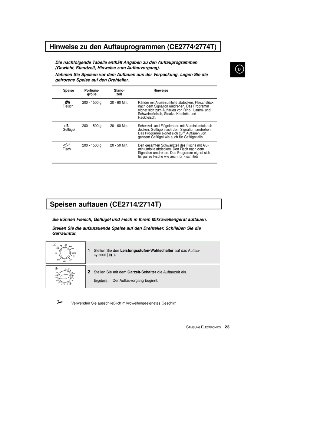 Samsung CE2774-M/XEG, CE2774/XEG, CE2774-C/XEG Hinweise zu den Auftauprogrammen CE2774/2774T, Speisen auftauen CE2714/2714T 