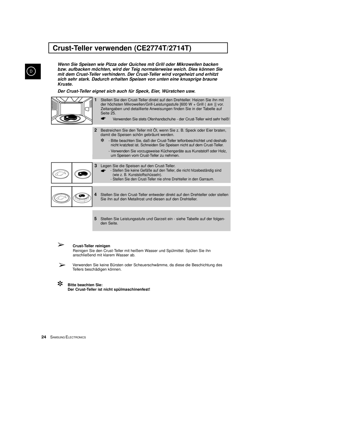 Samsung CE2774/XEG, CE2774-C/XEG, CE2774-M/XEG manual Crust-Teller verwenden CE2774T/2714T, Crust-Teller reinigen 