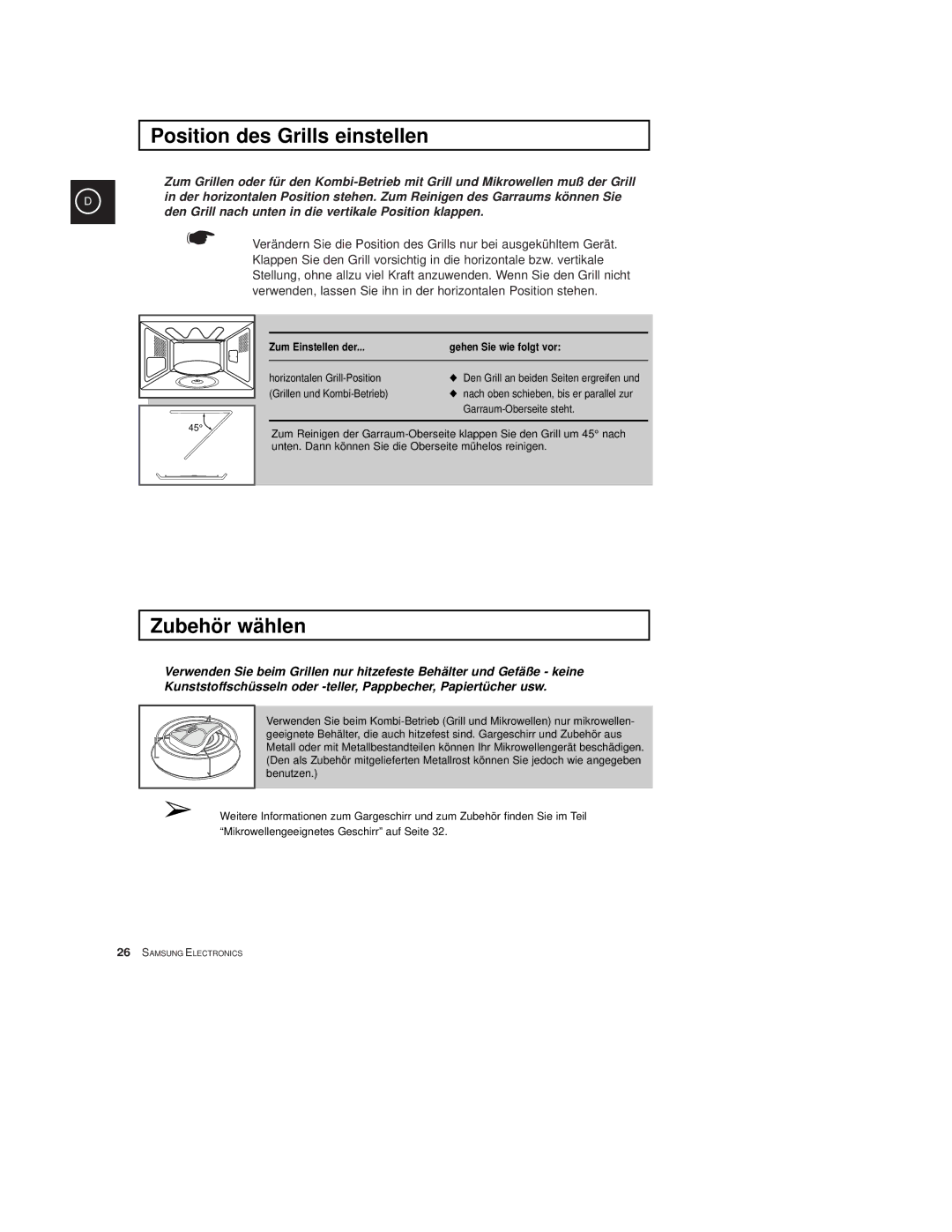 Samsung CE2774-M/XEG manual Position des Grills einstellen, Zubehör wählen, Zum Einstellen der Gehen Sie wie folgt vor 